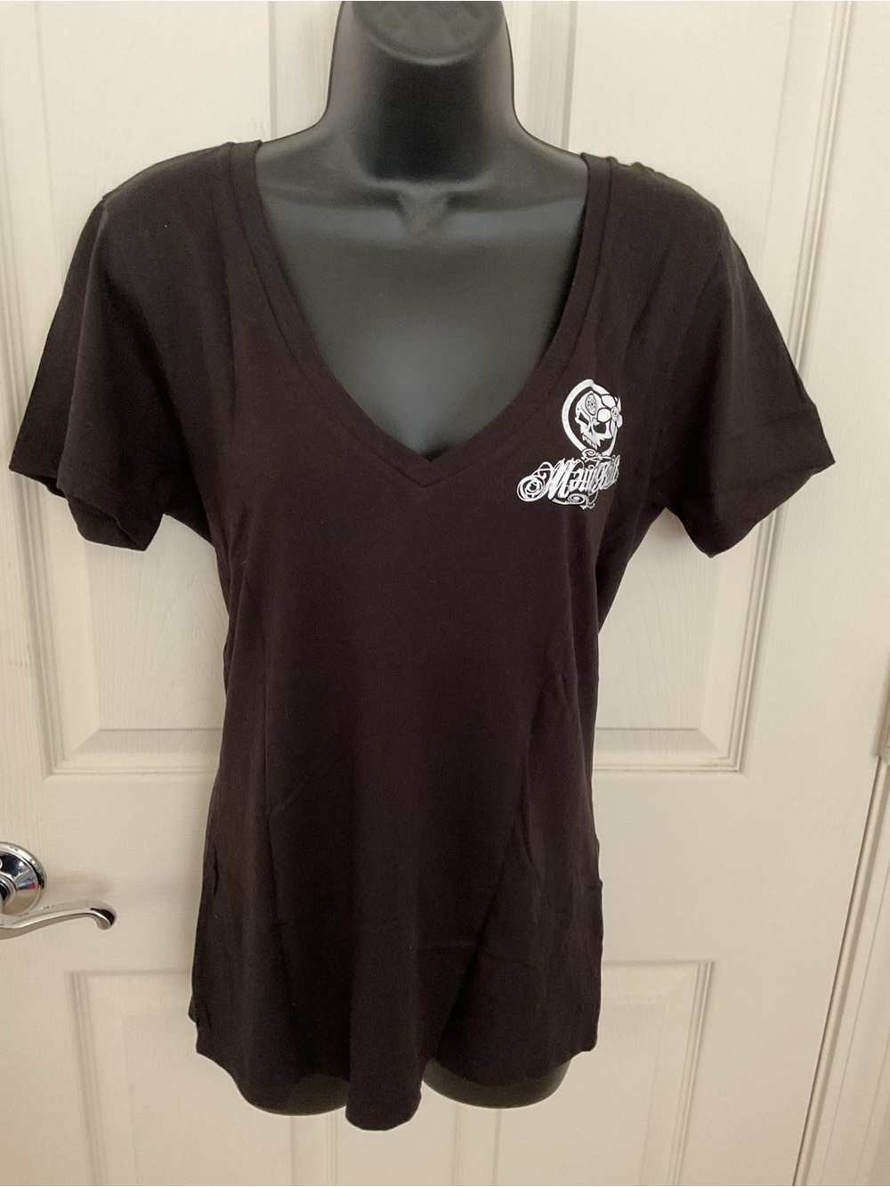Women's Vintage Black V-Neck Short Sleeve Tee with Small White Chest Graphic